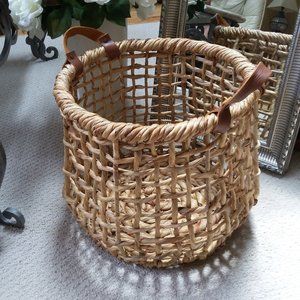Vintage leather Handle Woven Basket